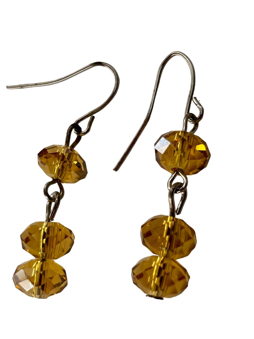 Yellow Faceted Bead Drop Earrings Pierced Hook 1" Drop Dangle