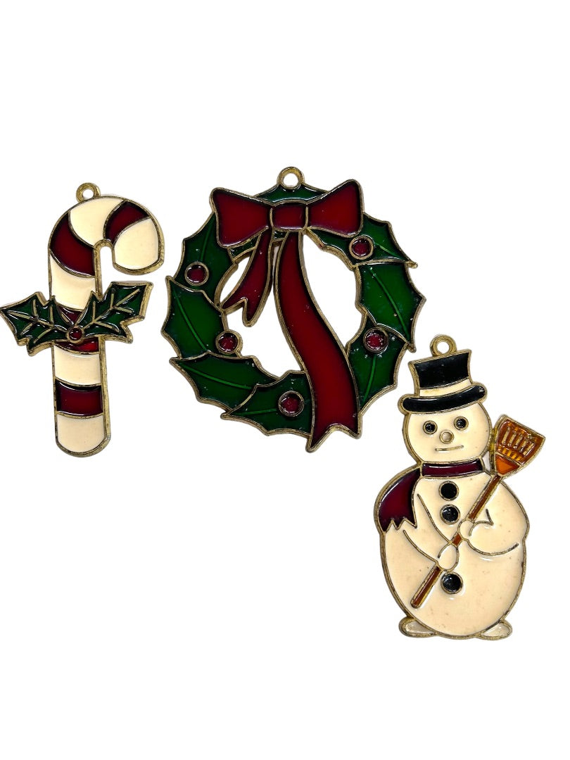 Set of 3 Stained Glass Holiday Ornaments Snowman Candy Cane Wreath