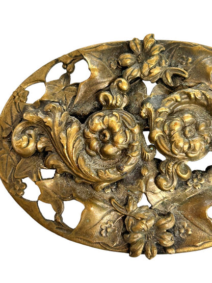 Statment Antique Brass Floral Repousse Brooch Large Oval Art Nouveau Swags Flowers