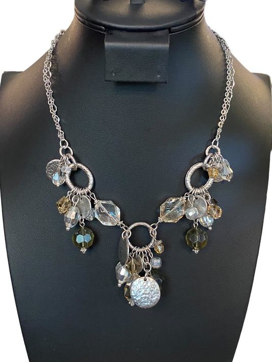 White House Black Market 16-18" Silvertone Charm Necklace Faceted Beads