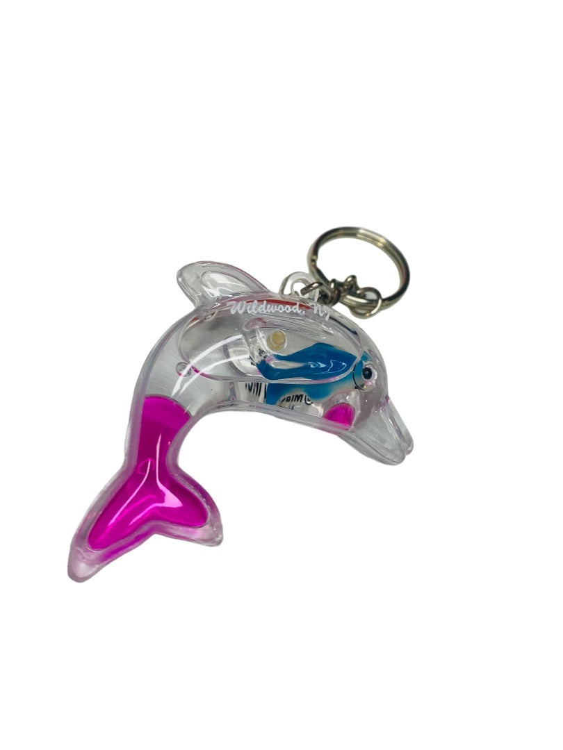 Wildwood New Jersey NJ Water Filled Clear Dolphin Souvenir Keychain Key Ring 2.5"