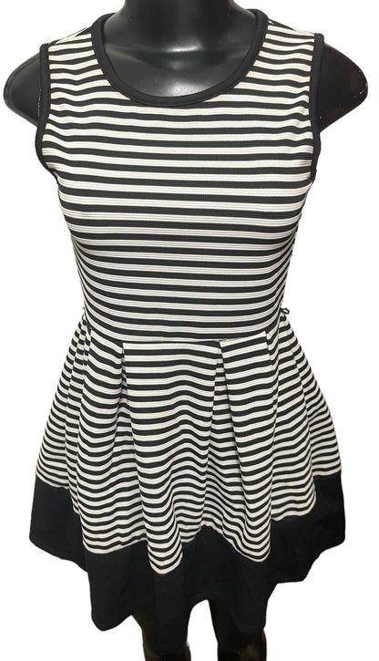 Size 12 Beautees Girls Black White Stripe Fit and Flare Dress Sleeveless