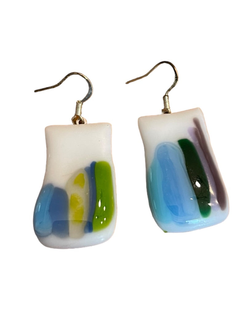 Color Fused Glass Fishhook Earrings Blue Green 1.25" Drop Dangle