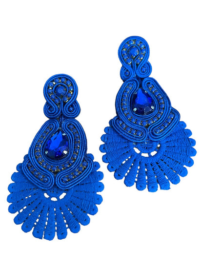 Soutache Post Pierced Statement Flat Ribbon Earrings Royal Blue 3.75"