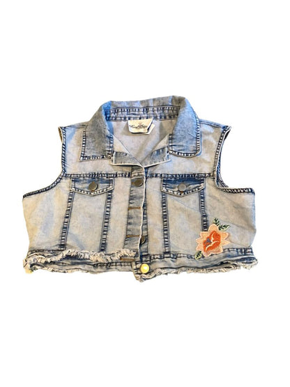 14 Girls Rare Edition Cropped Lightweight Denim Vest Raw Hem Flower Embroidery