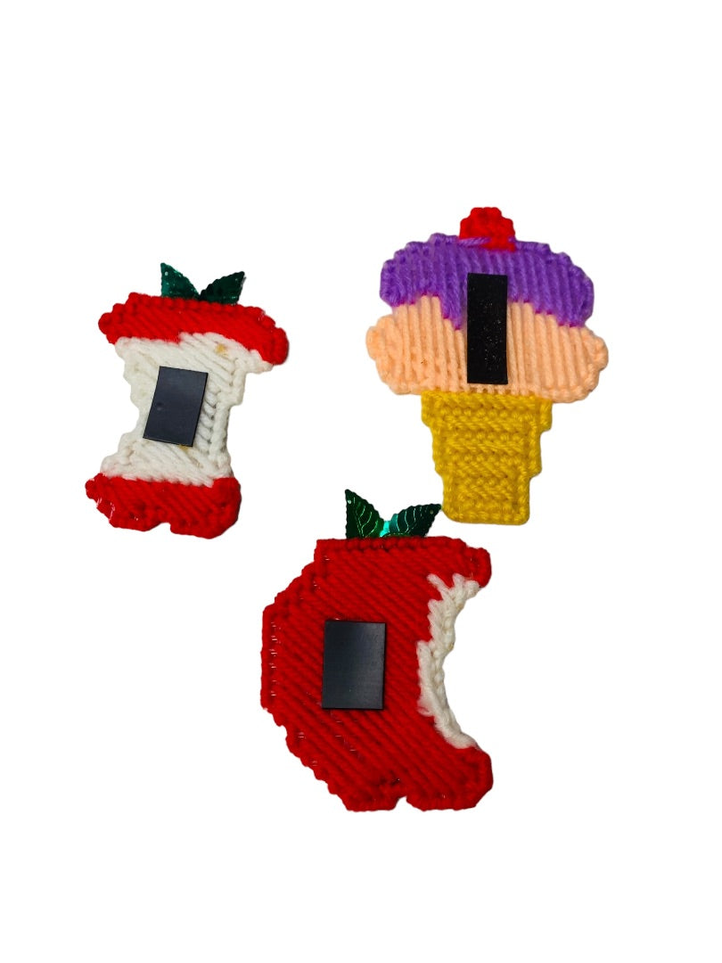 Handmade Vintage 1980s Plastic Cross Stitch Magnets Apple Ice Cream Cone Lot of 3