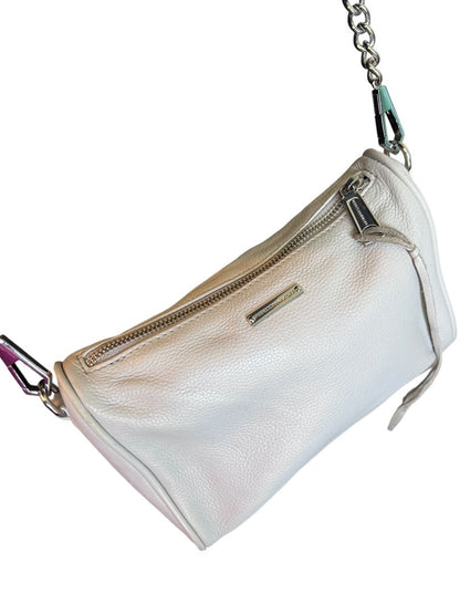 Rebecca Minkoff Lt Gray Leather Crossbody Purse Silver 4 Zip Accent Chain Strap Tassle Handbag