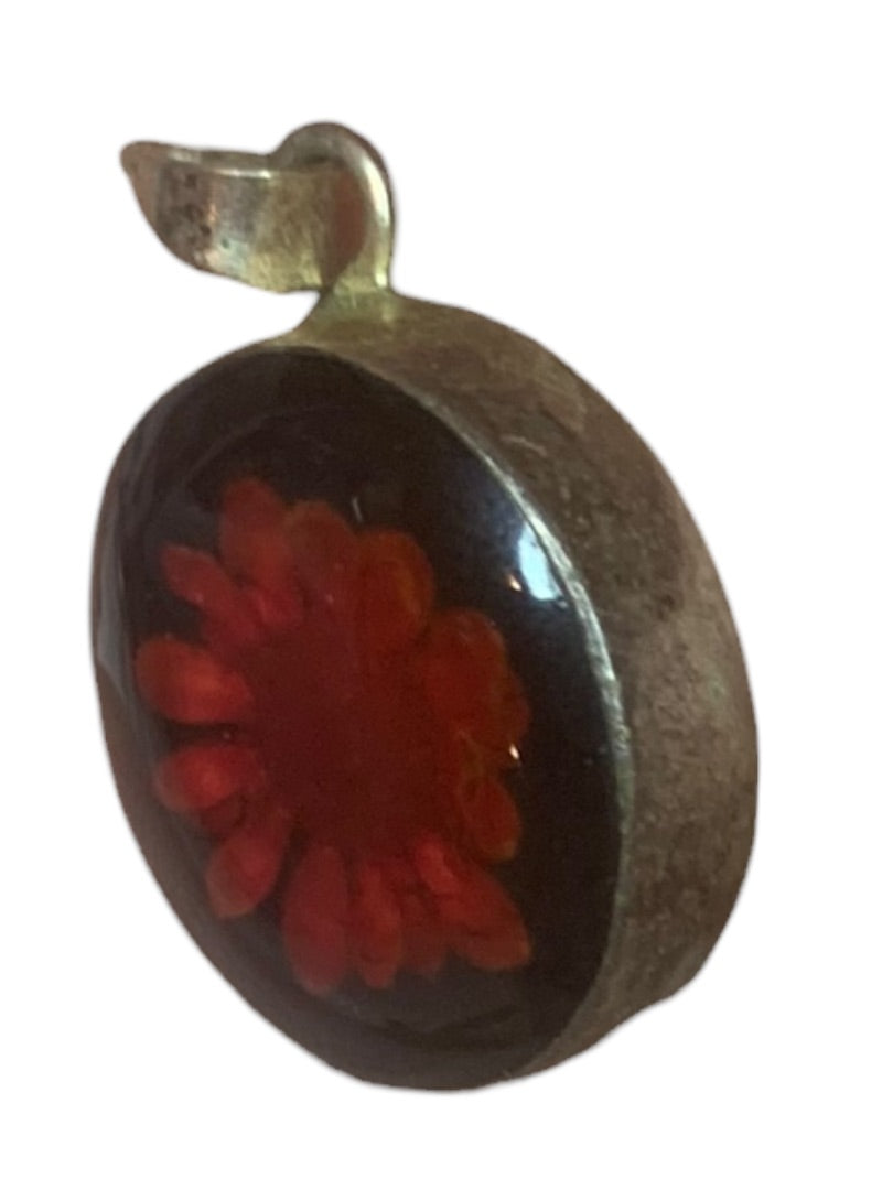 Vintage Silvertone Resin Pendant .7" Diameter Black Red Flower