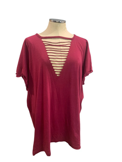 3X Torrid Womens Deconstructed V-Neck Tshirt Magenta Soft Knit Cuffed Short Sleeve