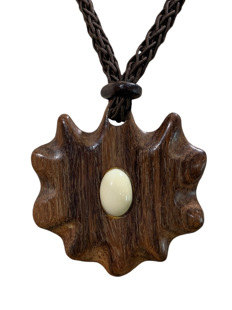 Vintage Wooden Medallion Tie Closure Necklace Statement Medallion Faux Wood