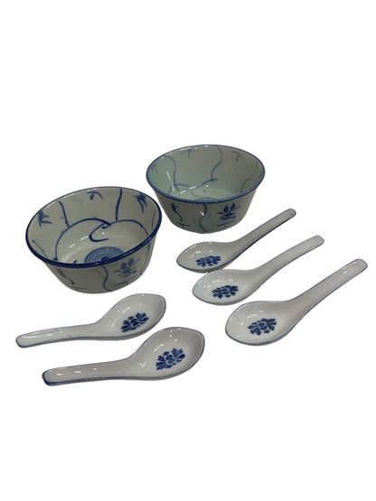 Chinese 2 Rice Bowls and 5 Spoon Set Blue White