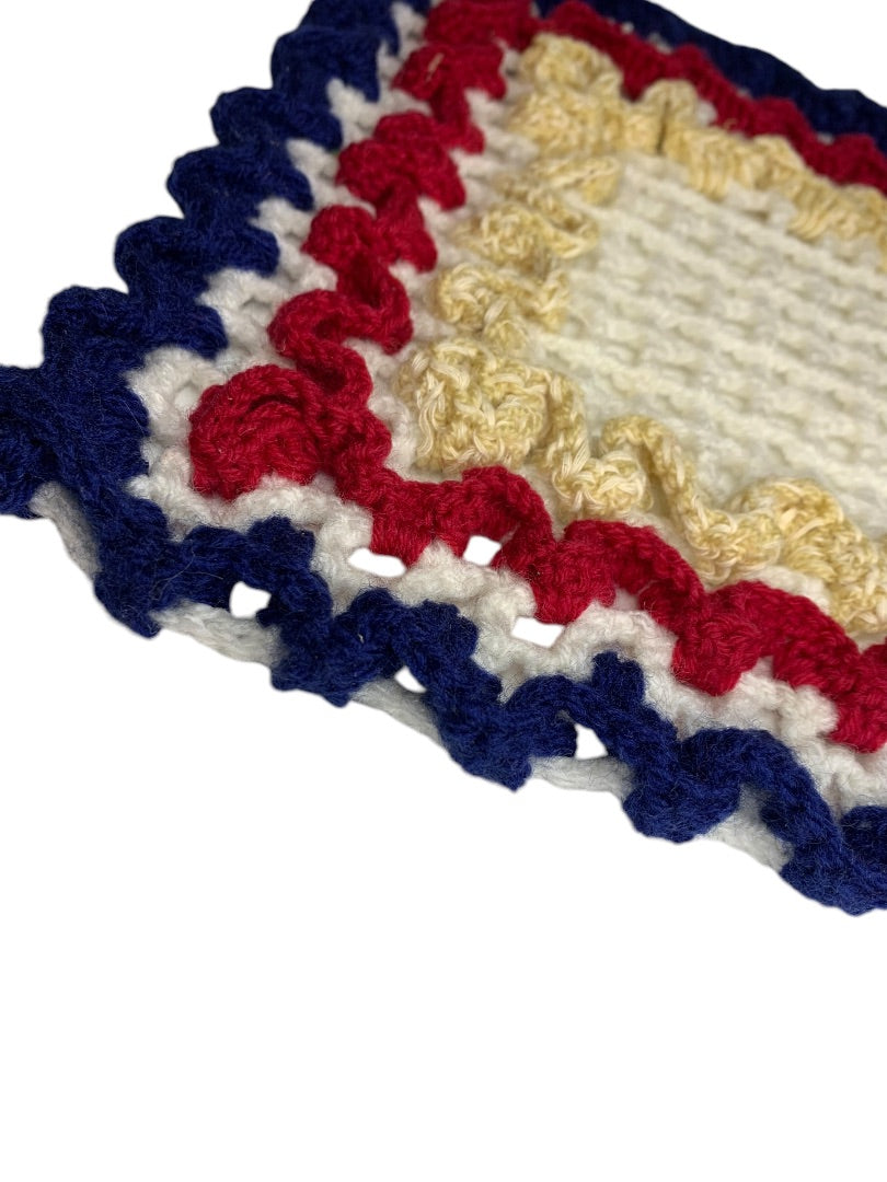 Vintage 1970s Handmade Crocheted Doily Red White Blue 9.5x10.5 Inches