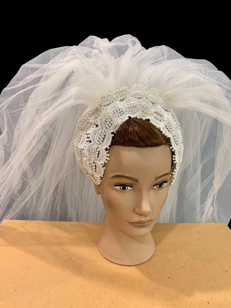 Vintage 1970s Bridal Veil Headband Ivory Fascinator Wedding