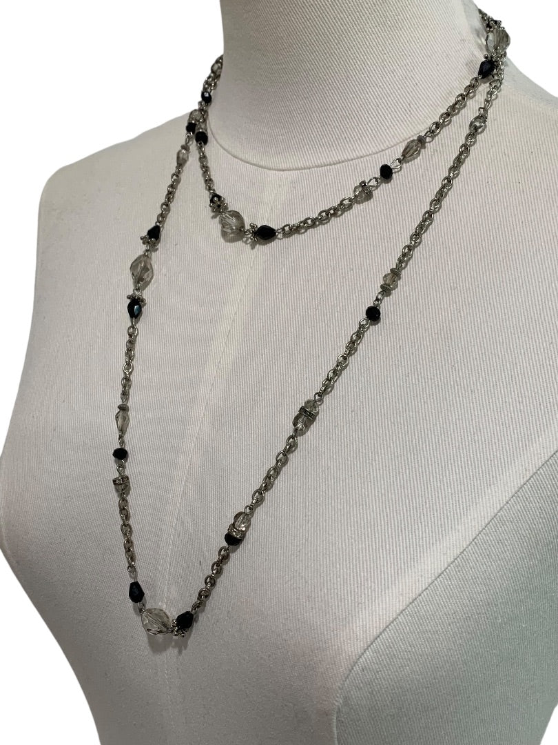 Long Strand String Necklace 42 Inches Silvertone Black Lobster Clasp