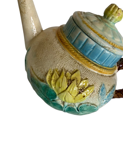 English Majolica Tea Pot Pond Lily and Rope Antique Lidded