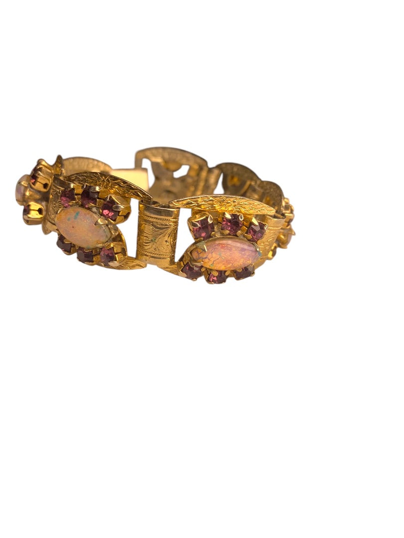 Vintage Ornate Goldtone Bracelet Pink Purple Stones 7 Inch Box Clasp