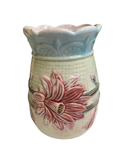 Antique Majolica Floral Vase 5.25 Inch Pink Blue Marked "H"