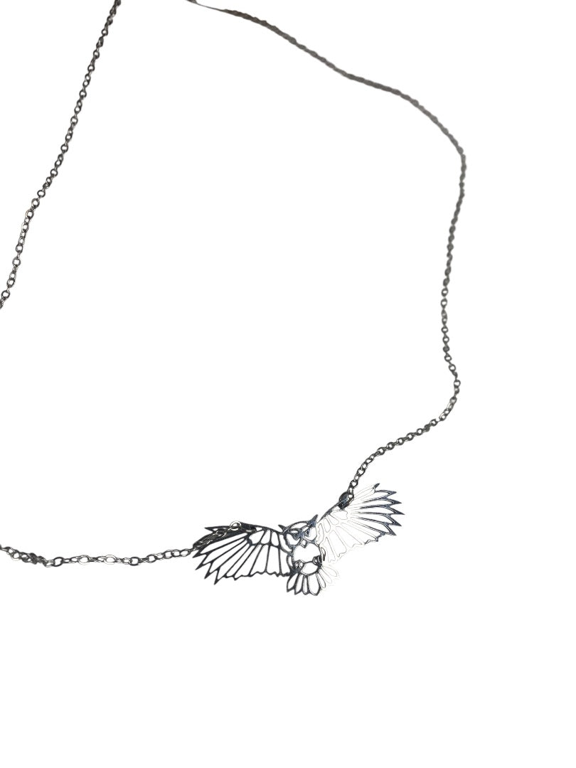 Silvertone Flying Owl Pendant Lasercut 18 Inch