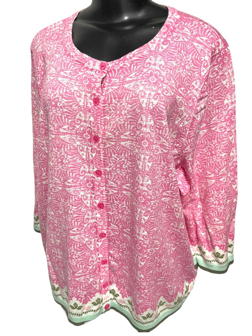 3X Talbots Plus Womens Lightweight 3/4 Sleeve Cardigan Sweater Pink Contrast Trim