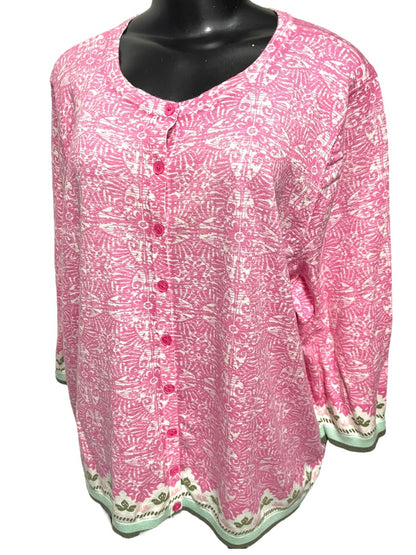 3X Talbots Plus Womens Lightweight 3/4 Sleeve Cardigan Sweater Pink Contrast Trim