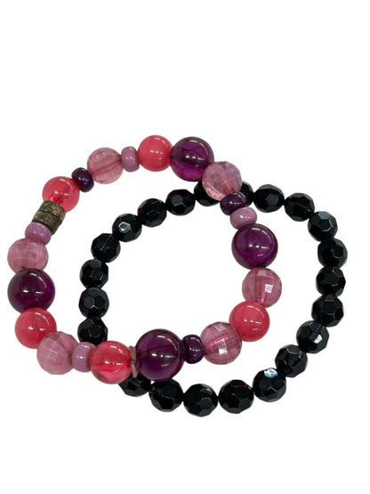 Set of 2 Acrylic Stretch Bracelets Black Purple Pink
