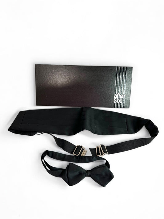 One Size After Six Mens Black Satin Cummerbund and Bow Tie in Box