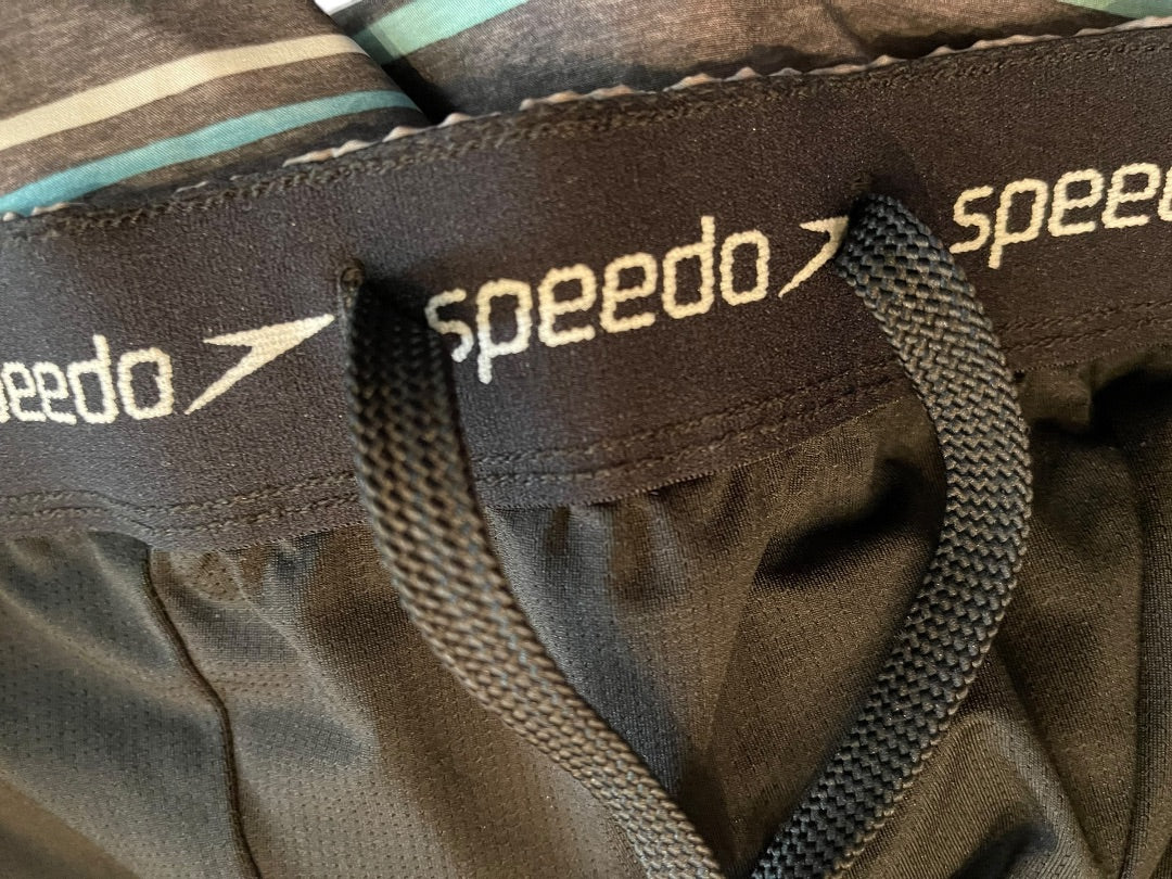 Large Speedo Striped Board Shorts Drawstring Gray Blue Mens Swim