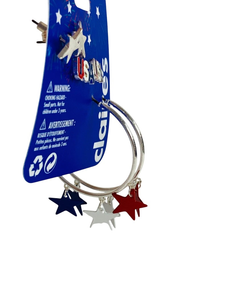 Claires New Set of 3 Pierced Earrings USA Patriotic Silvertone