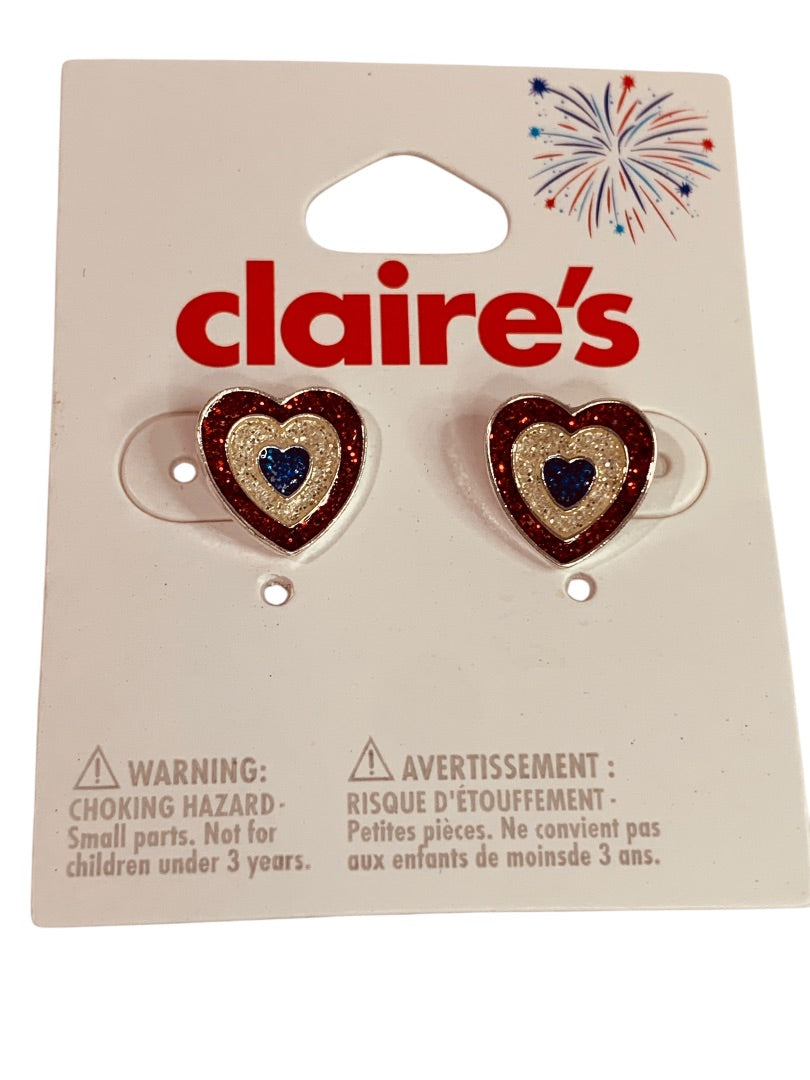 Claires New Post Pierced Earrings Patriotic Sparkly Heart