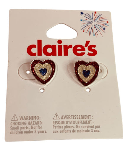 Claires New Post Pierced Earrings Patriotic Sparkly Heart