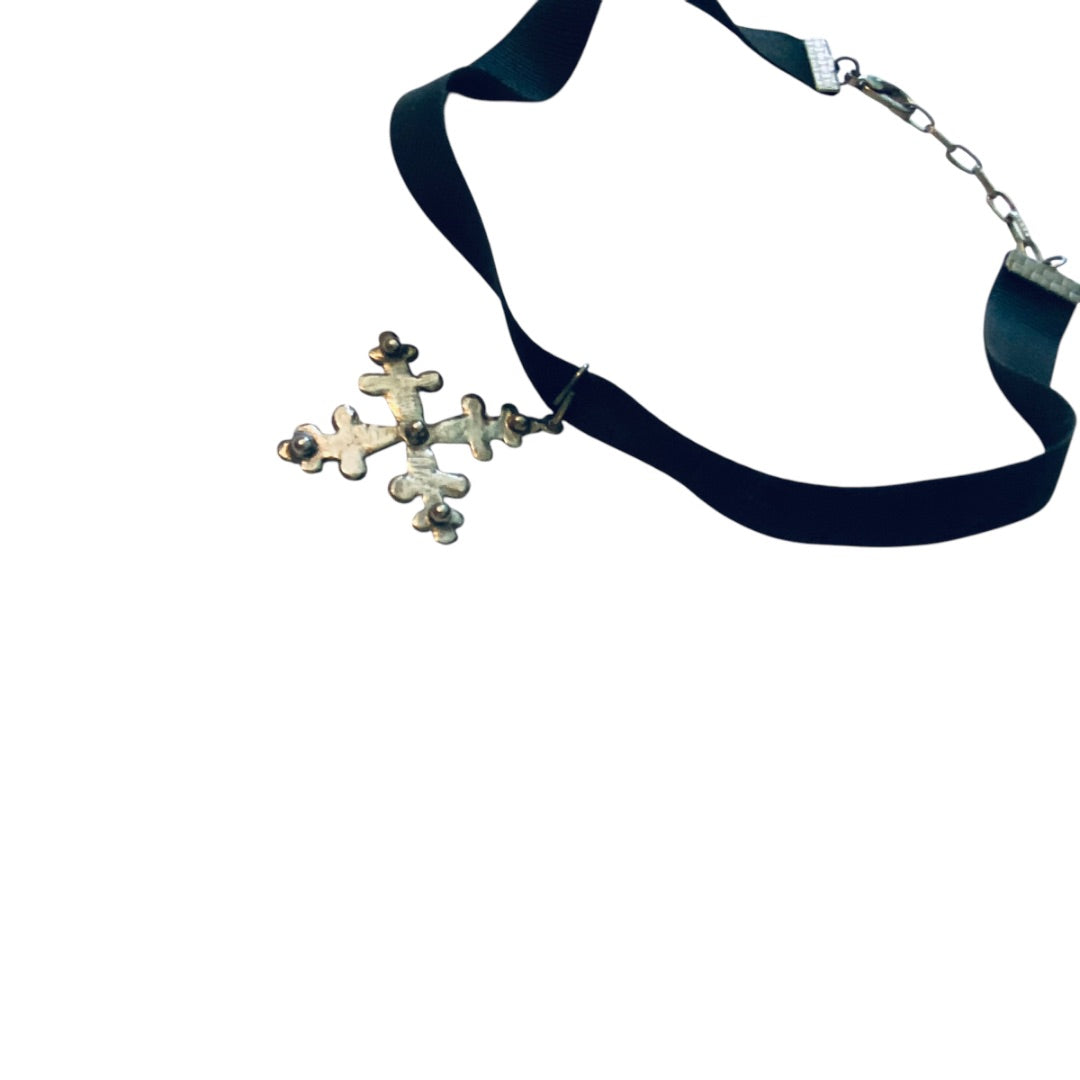 1980s Goth Ribbon Choker Necklace Black Silverton Cross 13-15 Inch Lobster Clasp