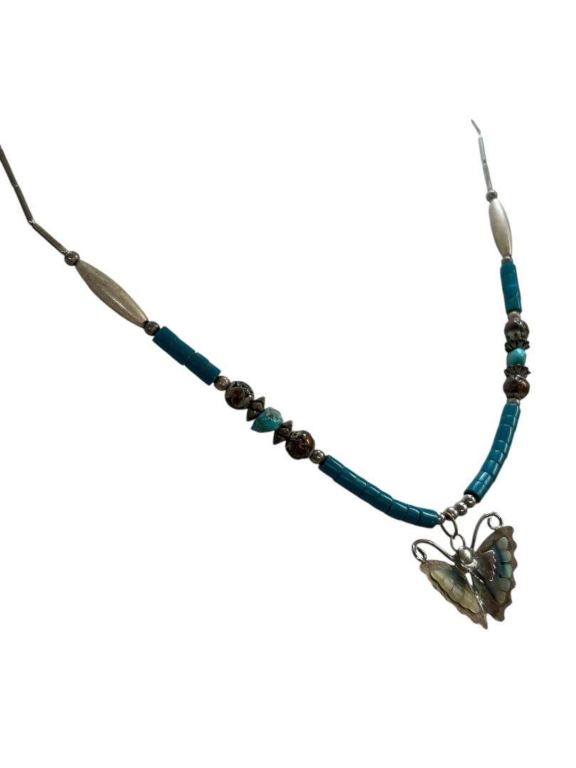 Vintage Silvertone Beaded Butterfly Pendant Necklace 19 Inch Barrel Clasp