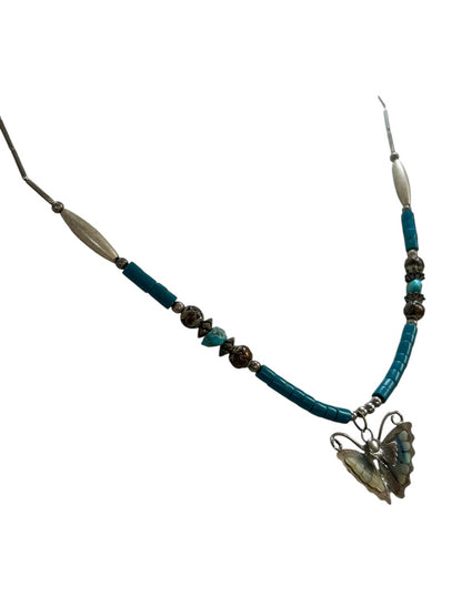Vintage Silvertone Beaded Butterfly Pendant Necklace 19 Inch Barrel Clasp