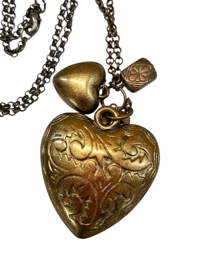 Copper Color Charm Necklace Overhead 29 Inch Chain Puffy Heart