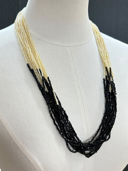 Multistrand Cream Black Beaded Necklace Goldtone Clasp 28 Inch