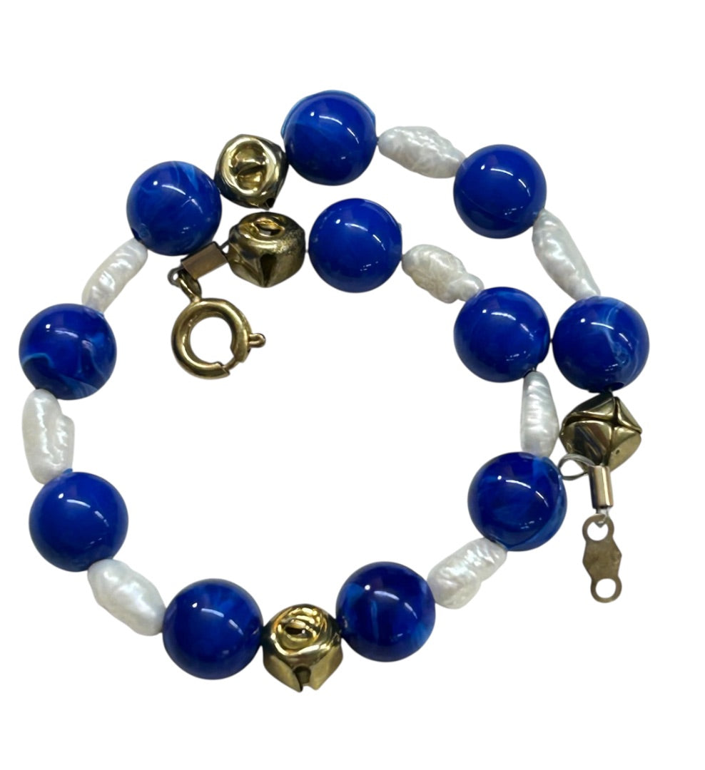 Blue and Freshwater Pearl 7 Inch Bracelet Goldtone Spring Clasp