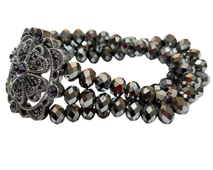 Triple Strand Stretch Bracelet Silvertone Faceted Beads Medallion