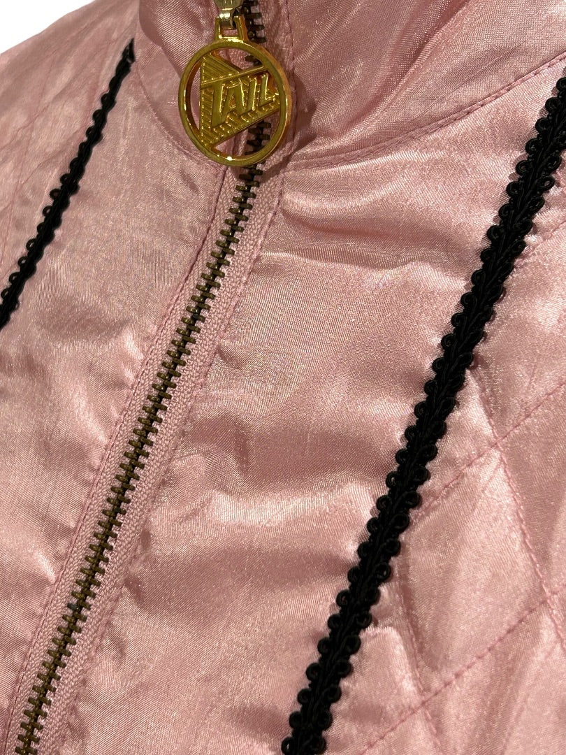 XS Tail Womens Track Jacket Pink Quilted Satin 80s Retro Zip Up Black Trim
