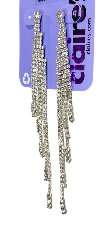 Claires New Swag Rhinestone Earrings Silvertone 4 Inch Drop Post Pierced