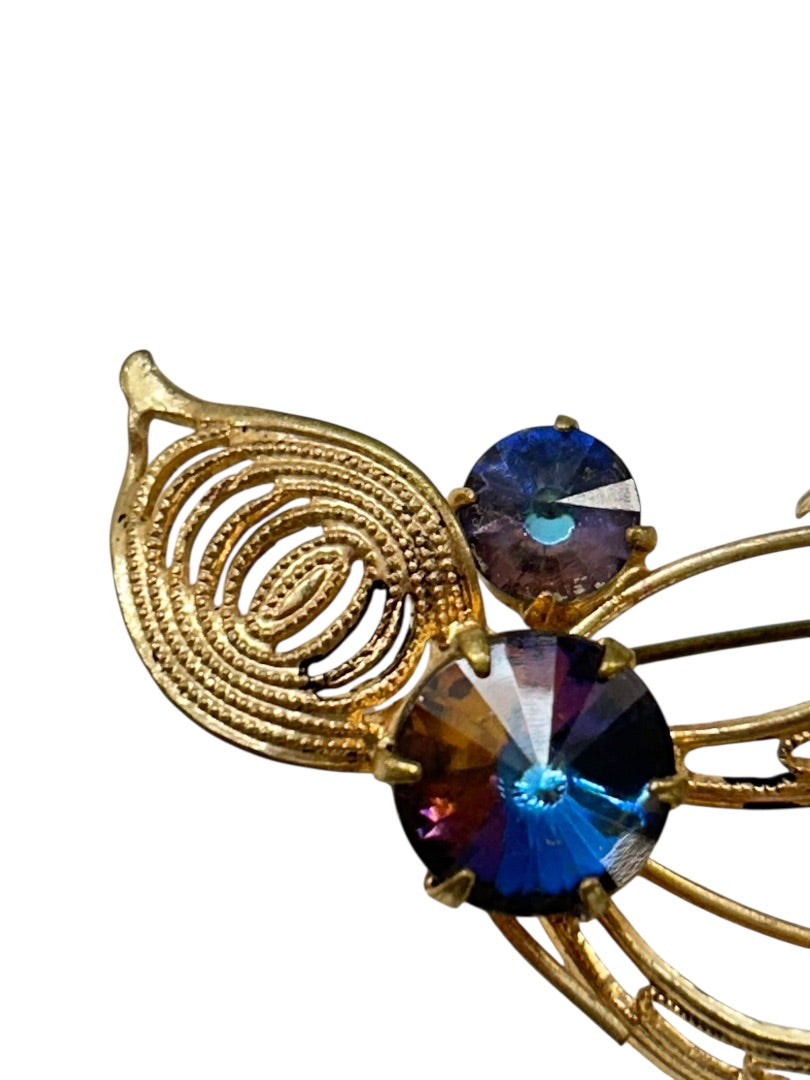 Vintage Goldtone Abstract Brooch Pin Blue Purple Filigree Swirt 2 Inch