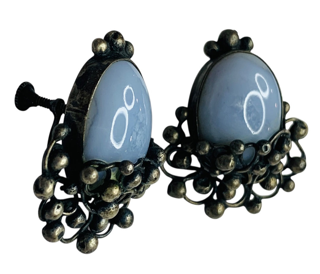 Sterling Silver Vintage Screwback Clip-On Earrings Blue Glass 1.5 Inch