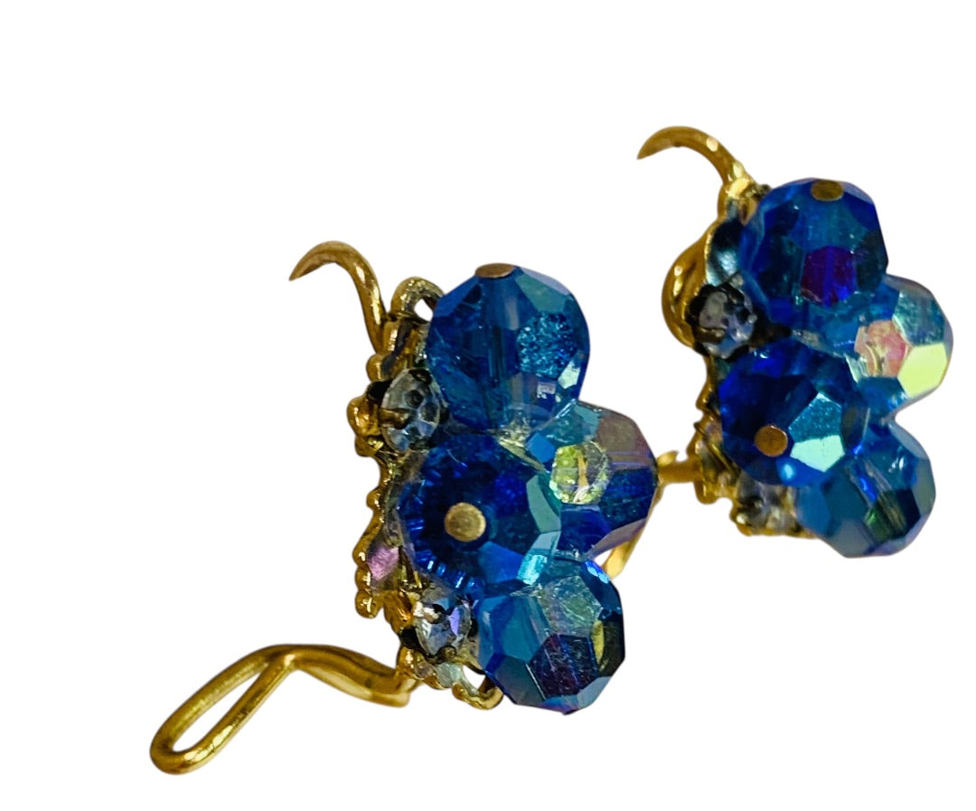 Wingback Earrings Blue Aurora Borealis Crystal Cluster Goldtone Pierced 1 Inch