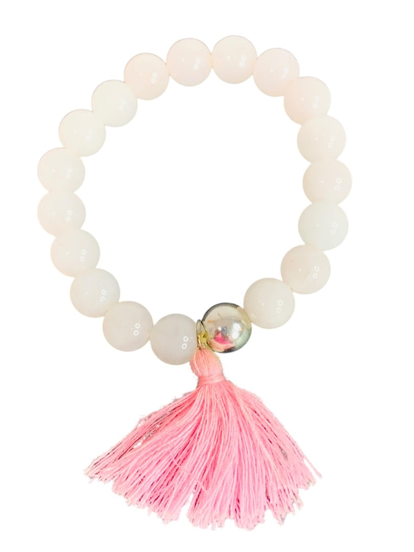 Stretch Blush Pink Stone Bracelet Tassel Silvertone Bead