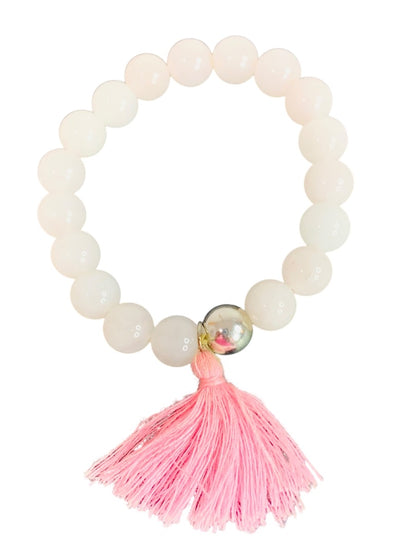 Stretch Blush Pink Stone Bracelet Tassel Silvertone Bead