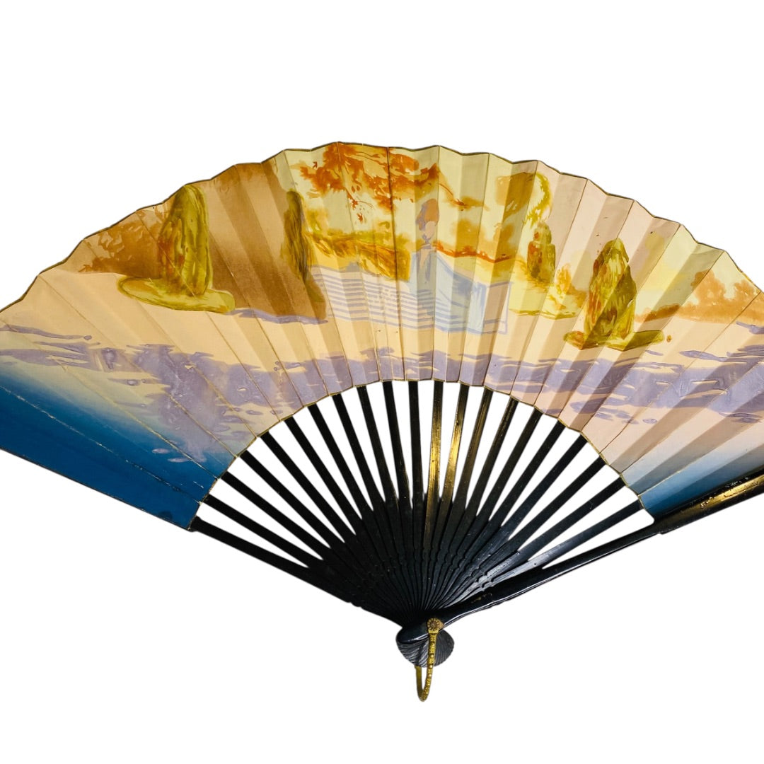 Vintage Hand Fan Vibrant Asian Paper Black Lacquer 10.5 Inch