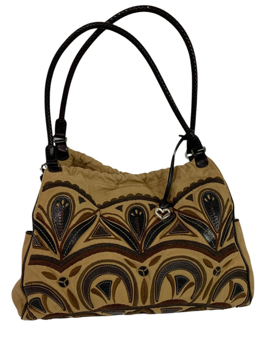 Brighton Canvas Shoulder Bag Brown Embroidered Hobo Heart Charm Large Tote