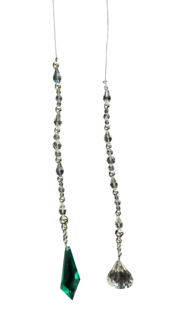 Two Wire Acrylic Beaded Haning Prisms Clear Teal Silvertone 14.5 Inch