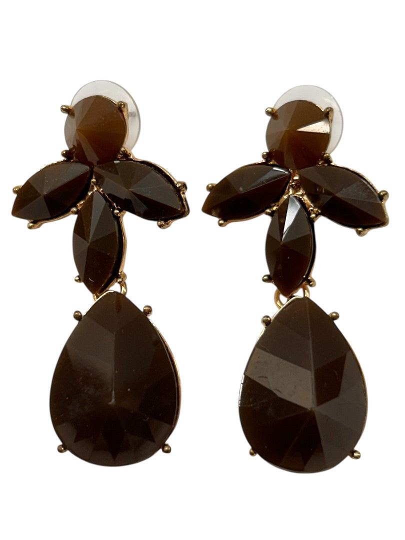 Goldtone Brown Acrylic Statement Post Pierced Earrings 2" Drop