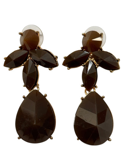 Goldtone Brown Acrylic Statement Post Pierced Earrings 2" Drop