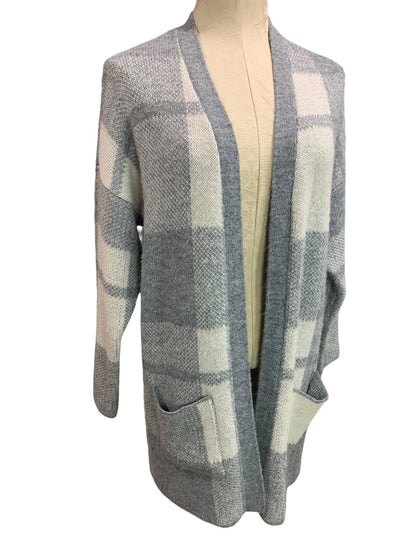 XS American Eagle Womens Open Cardigan Sweater Long Pockets Gray Plaid Wool Blend